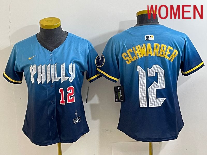 Women Philadelphia Phillies 12 Schwarber Blue City Edition Nike 2024 MLB Jersey style 2
